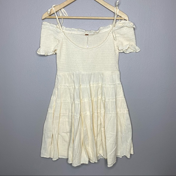 NEW NWT Free People Happy With You Mini Dress Tiered Smocked Ivory Summer Dress - Picture 4 of 15